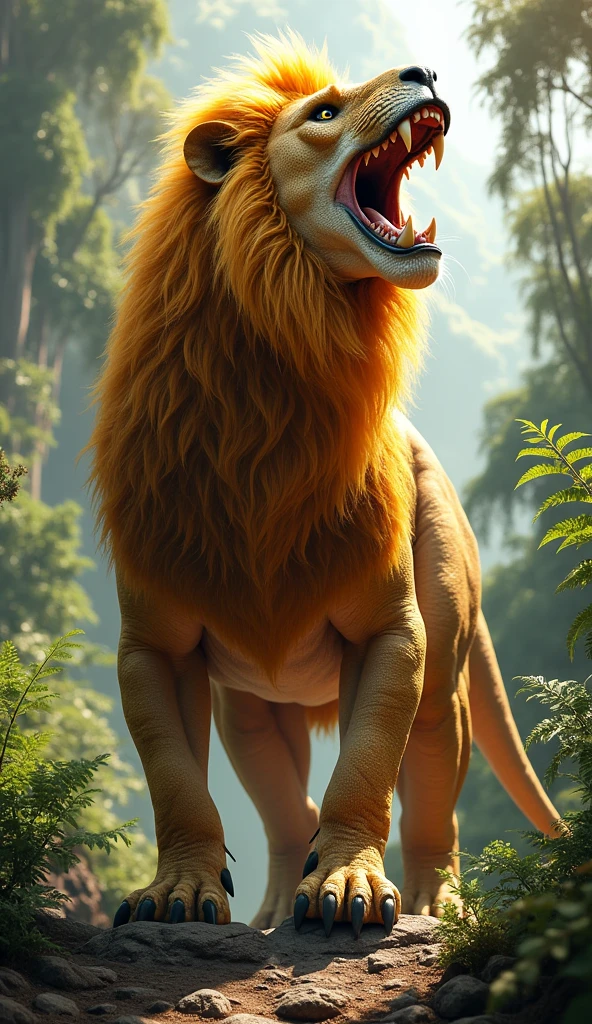 Lion and dinasor hybrid production result, body shape dinasor,skin type lion, roaring,big teethe