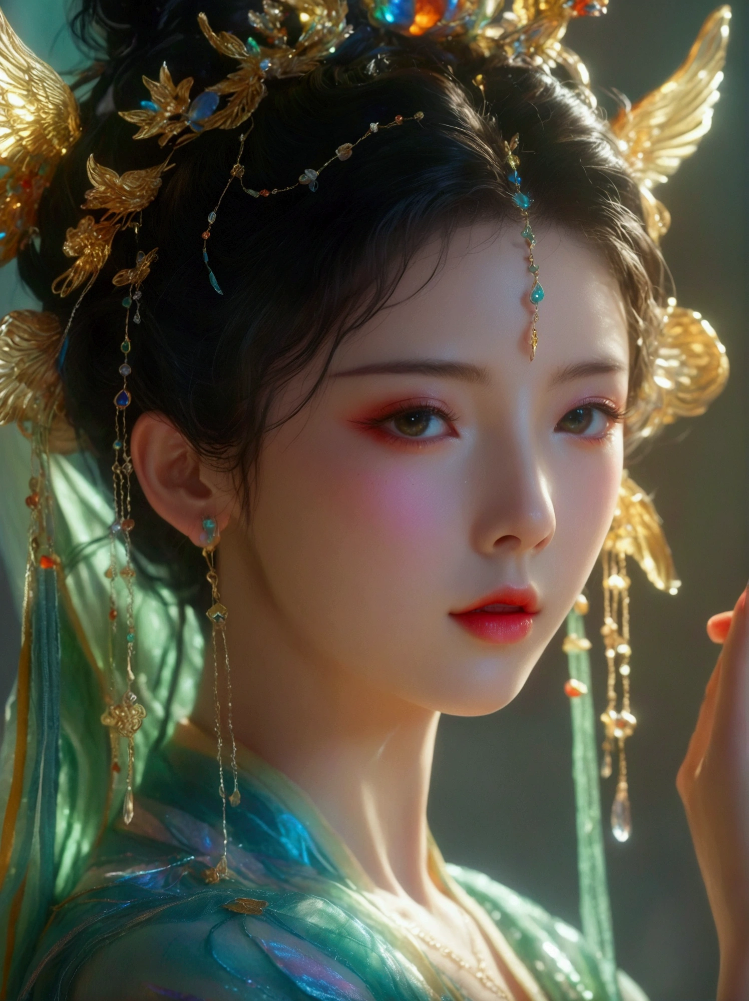 [Vision:1.0]，[Wide Angle:1.0]，Three-dimensional ancient style，Vibrant Chinese Aesthetics，Classical Girl with Angel Wings，Holding a cell phone in his hand，(whole body:1.4)，Vibrant colors，Sparkling clothing，Embraces Flashing Stone Texture，semi-transparent crystal material shoes，iridescent gradient fluorescent ribbons，Exquisite，Light Wave，Tradition，Exquisite，Perfect composition，Ultra HD，Crescent earrings，Raise your eyebrows，Jade Phoenix Branch，Forehead Gem，Surrealism，uhd，masterpiece，precise，Anatomically correct，Textured Skin，Super Detail，8k