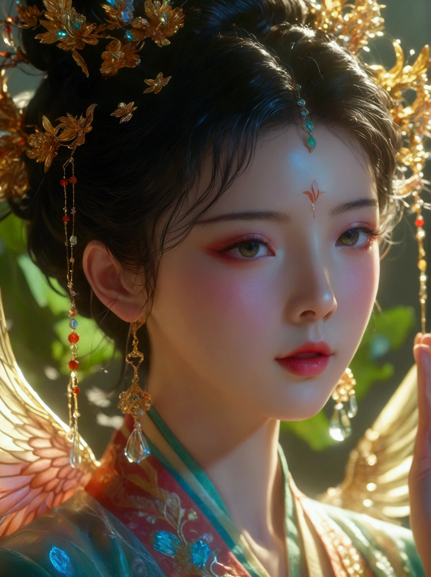 [Vision:1.0]，[Wide Angle:1.0]，Three-dimensional ancient style，Vibrant Chinese Aesthetics，Classical Girl with Angel Wings，Holding a cell phone in his hand，(whole body:1.4)，Vibrant colors，Sparkling clothing，Embraces Flashing Stone Texture，semi-transparent crystal material shoes，iridescent gradient fluorescent ribbons，Exquisite，Light Wave，Tradition，Exquisite，Perfect composition，Ultra HD，Crescent earrings，Raise your eyebrows，Jade Phoenix Branch，Forehead Gem，Surrealism，uhd，masterpiece，precise，Anatomically correct，Textured Skin，Super Detail，8k