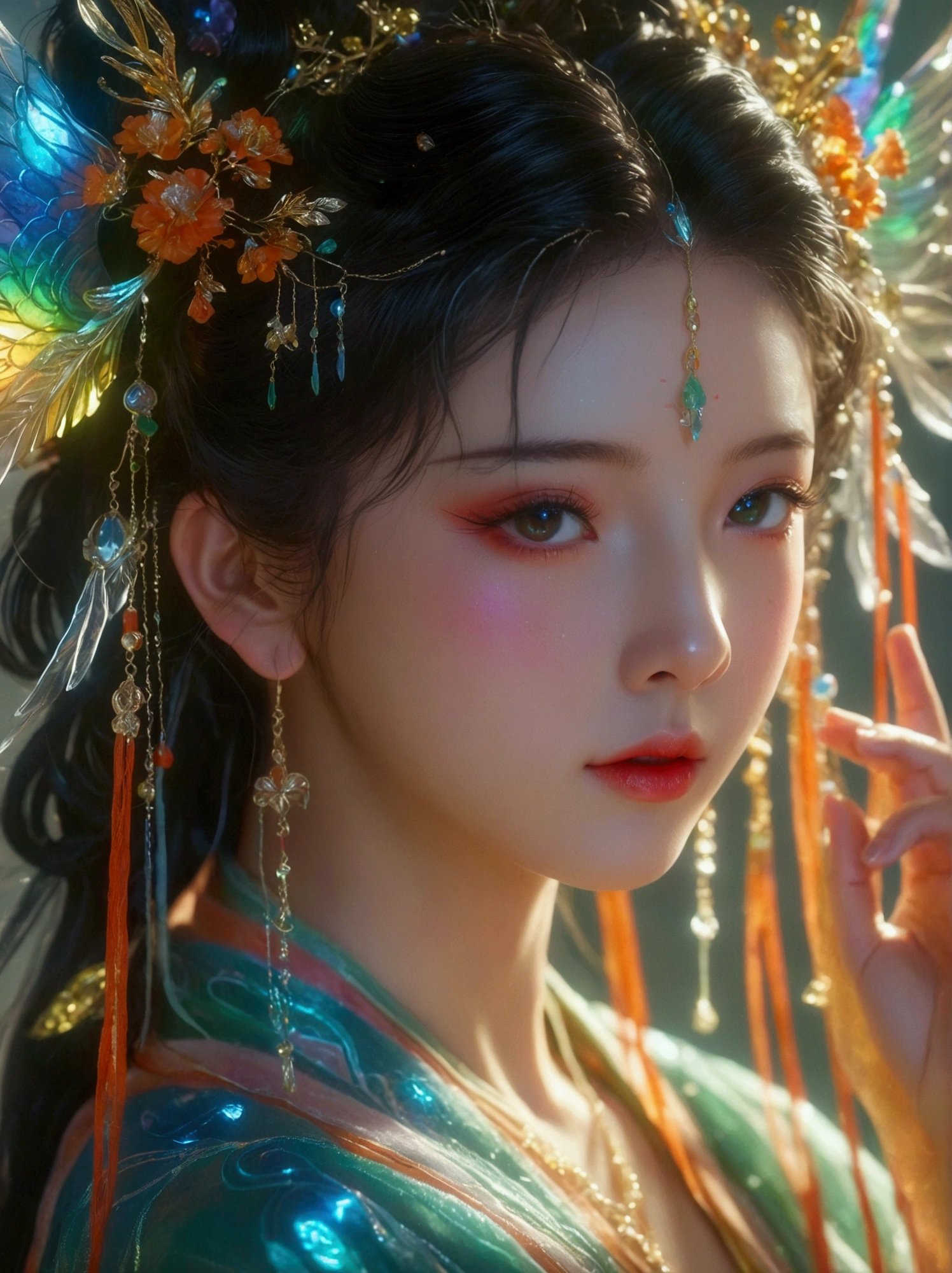 [Vision:1.0]，[Wide Angle:1.0]，Three-dimensional ancient style，Vibrant Chinese Aesthetics，Classical Girl with Angel Wings，Holding a cell phone in his hand，(whole body:1.4)，Vibrant colors，Sparkling clothing，Embraces Flashing Stone Texture，semi-transparent crystal material shoes，iridescent gradient fluorescent ribbons，Exquisite，Light Wave，Tradition，Exquisite，Perfect composition，Ultra HD，Crescent earrings，Raise your eyebrows，Jade Phoenix Branch，Forehead Gem，Surrealism，uhd，masterpiece，precise，Anatomically correct，Textured Skin，Super Detail，8k