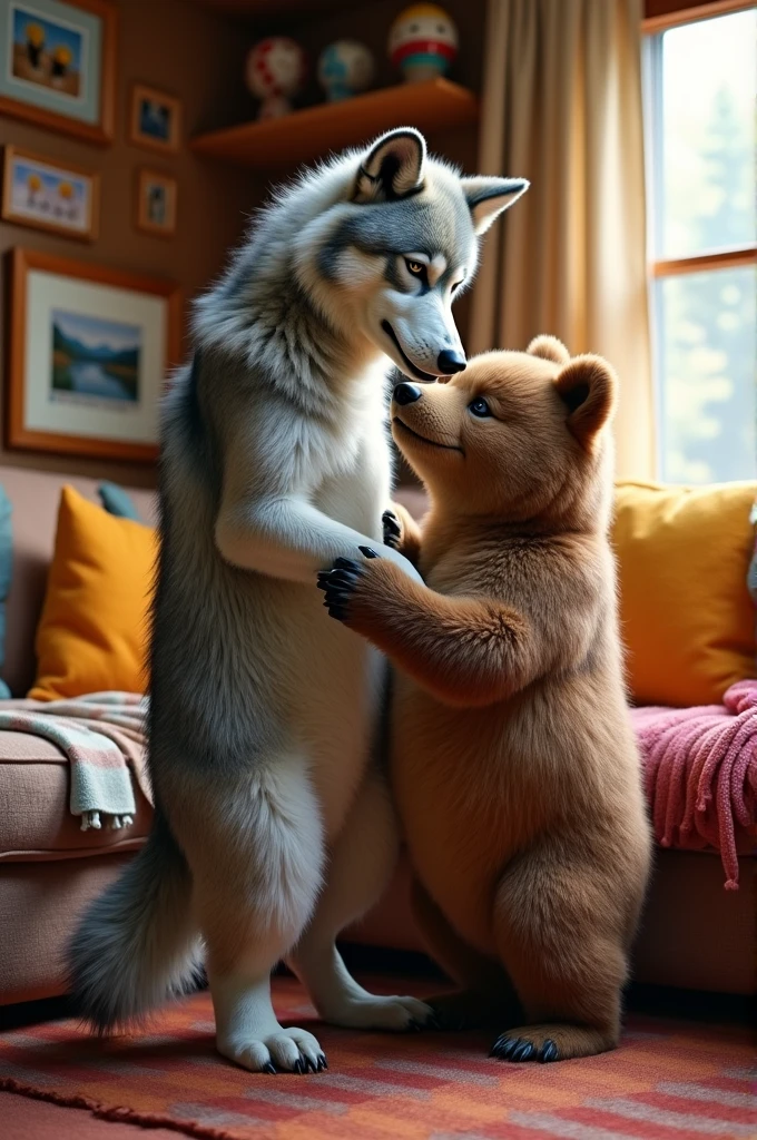 A furry gay couple, One has to be tall and the other short, hugging.