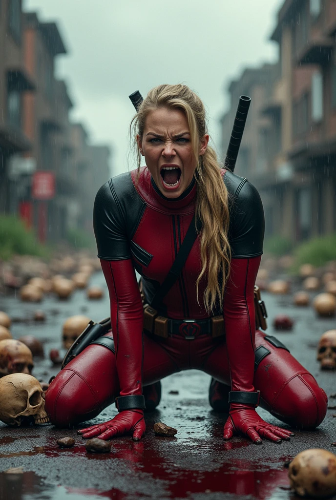 A beautiful woman with long blonde hair pulled back in a ponytail, Wanda Wilson aka Lady Deadpool, wearing the red and black leather suit with a brown harness over her chest, is kneeling and screaming in exhaustion after a battle. Blood and skulls are all around her. She is wearing red leather gloves and boots. She is in an apocalyptic and rainy city. There is blood on her hands and face. Marvel Studios logo is present on all the images.