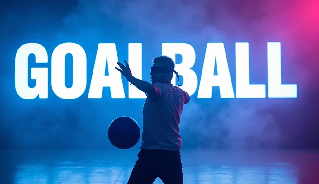 Image for video cover with blue and purple background with the word GOALBALL written in white and a character with his eyes covered by a blindfold holding a blue ball