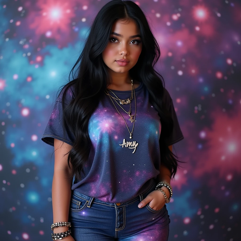 A beautiful white thick teen girl, 27 years old, in a noan color style, wearing galaxy shirts and galaxy leggings, galaxy shoes, bracelets, with brown eyes, thick black long straight hair, with edgy and perfect, juicy lips, a necklace, very popular, dressed as a chubby face baddie, and happy with her look. The necklace has the name Amy and everything is galaxy , full body , the background wall is galaxy 