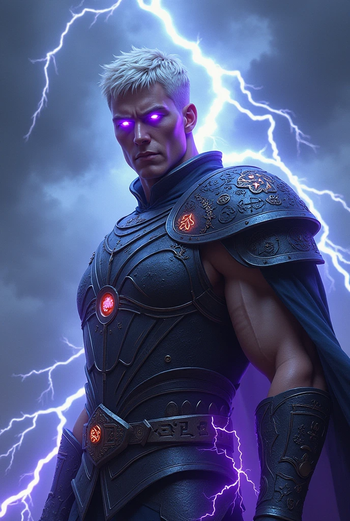 Victor is an adult with an imposing presence. Her hair is white and short, and their eyes reflect an intense purple color that indicates their connection with the power of electricity and magnetism. His muscular body and armor adorned with ancient runes glow with an electric energy that accentuates his status as a leader and destroyer..