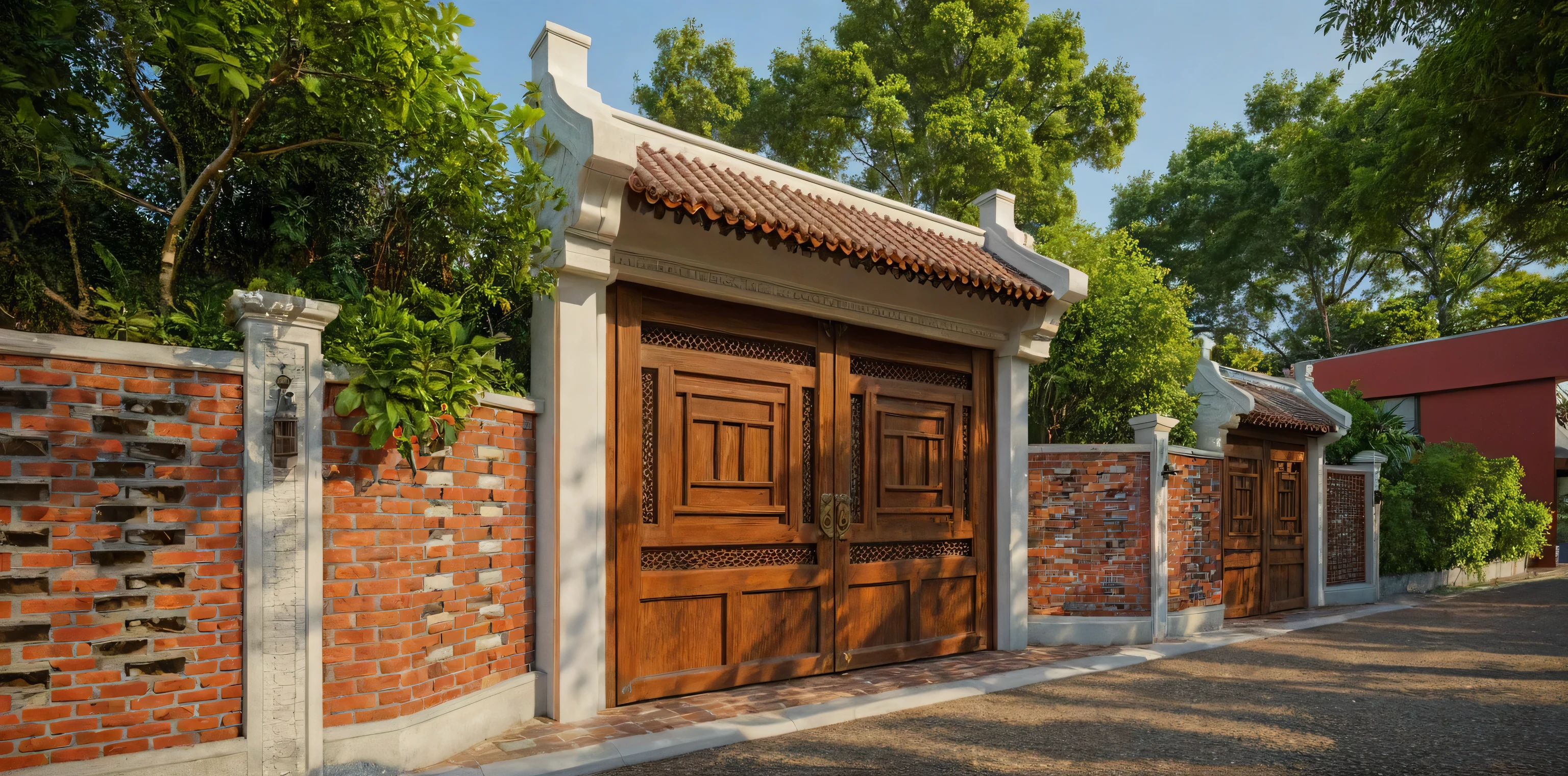 exterior of an indochine style gate, red brick fence, detailed wooden gate, red tiles, surrounding greenery, (RAW photo, masterpiece, best quality,ultra-detailed, extremely delicate and beautiful, highresolution, best shadow:1.1)