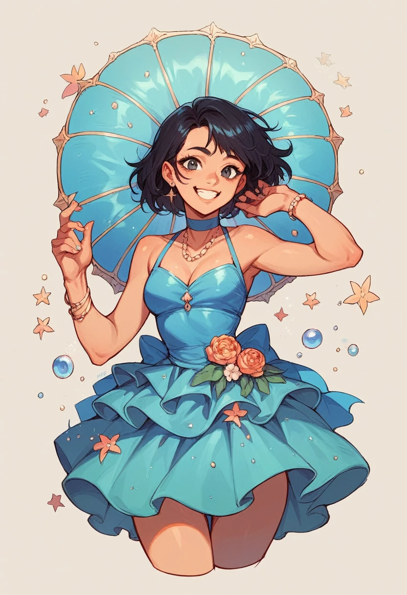 A veiled girl in a light blue party dress, smiling, with black hair