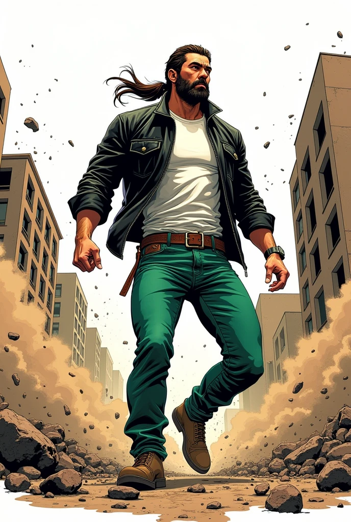 Create a comic book style drawing, bright coloured, high qualiy, a 35-year-old white man, 90 kilos, medium size, long dark brown hair tied in a ponytail, barba, black leather jacket, white undershirt, green jeans, Black boots, Apocalypse theme, perspective drawing action scene, white background, fully body 