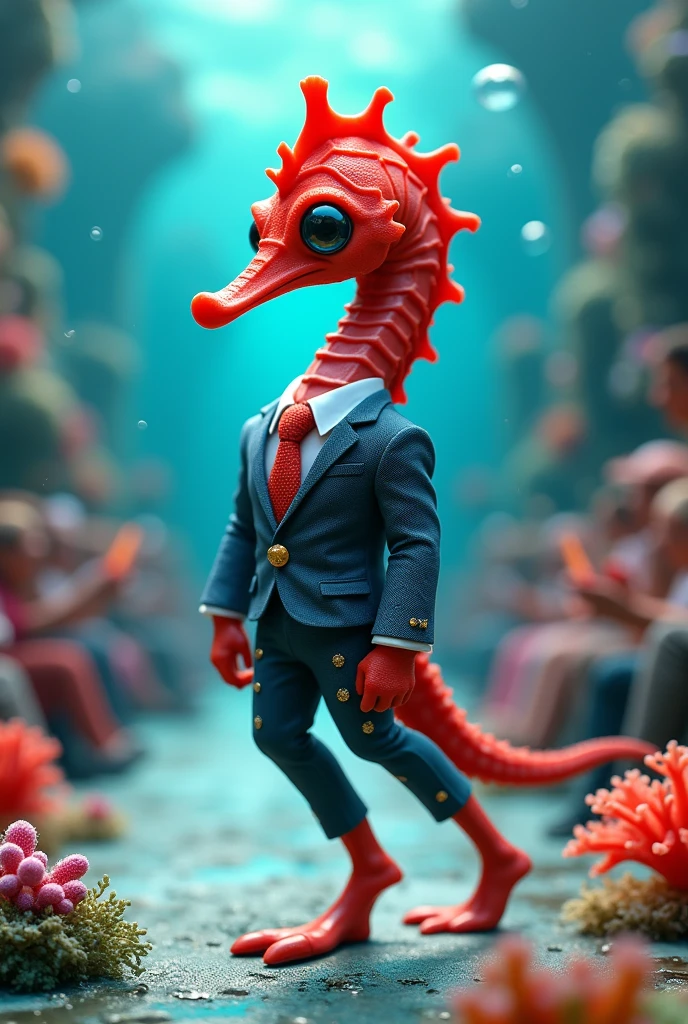 baby Red sea horse with funny giant head wearing muscular business suit in realistic full body fashion show