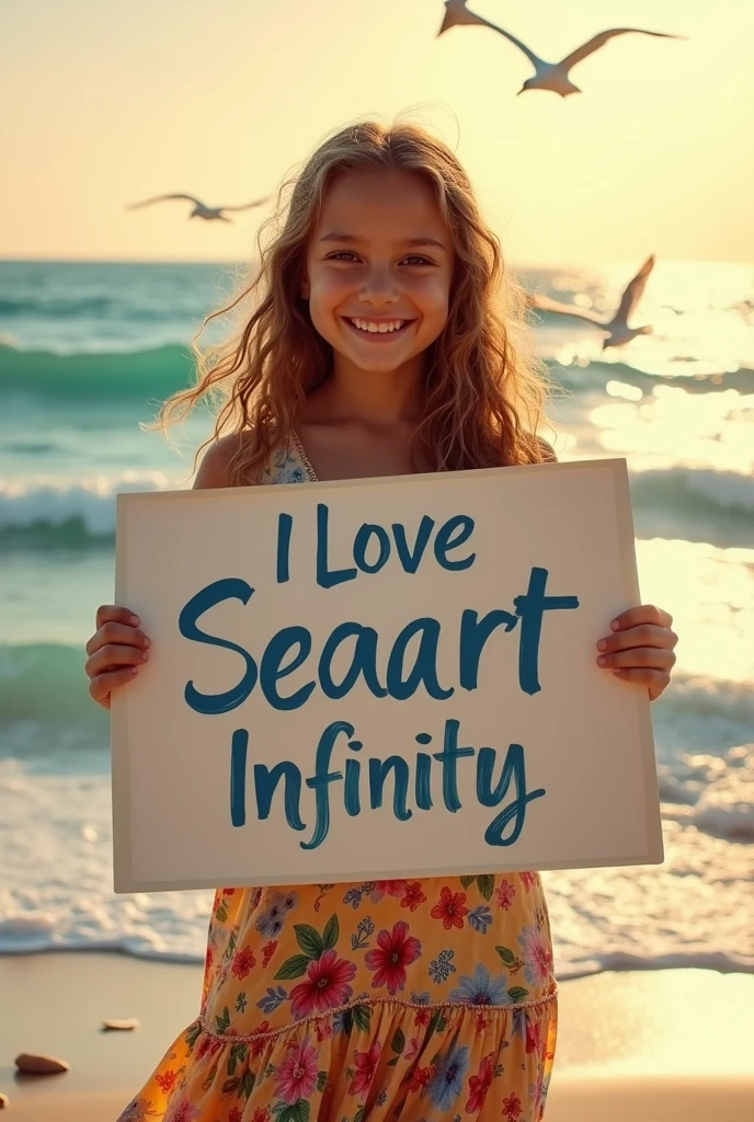 Beautiful girl with wavy long hair, bohemian dress, holding a white board with text "I Love Seaart Infinity" and showing it to the viewer