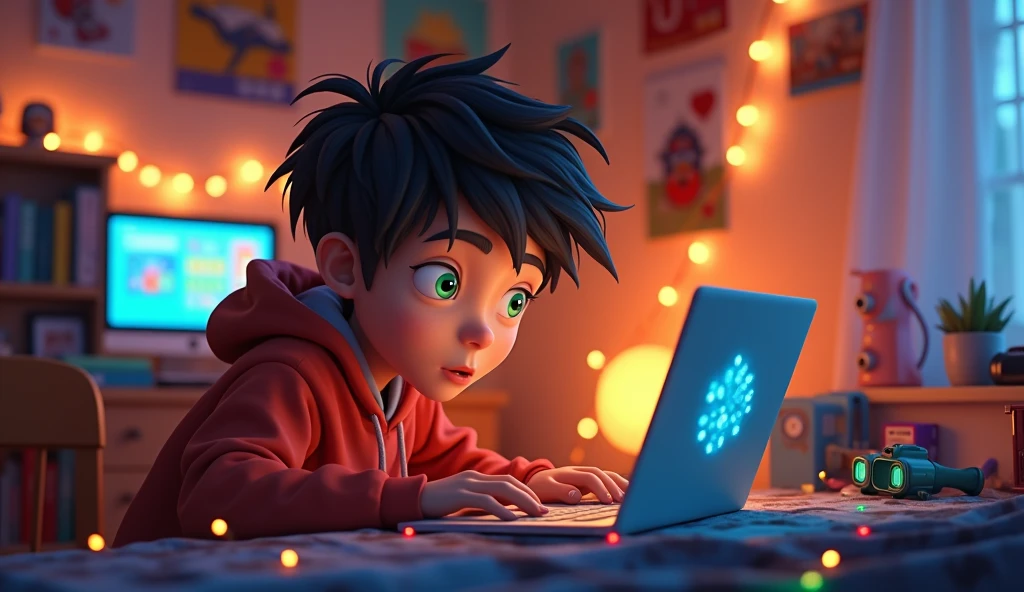 3d cinematic cartoon, a 18 year old boy, making laptop