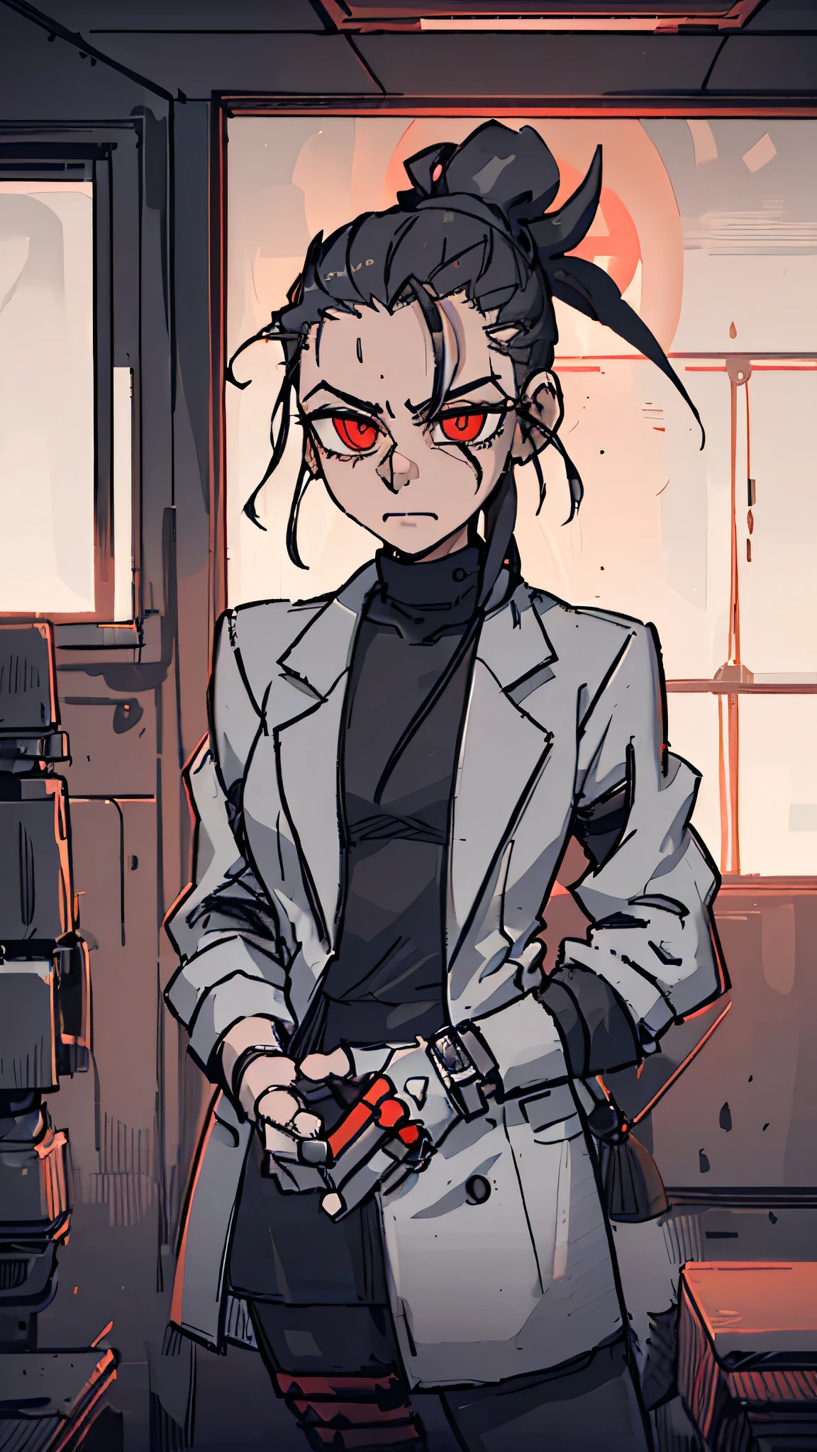 (detailed), (((normal guy))), (Arabic characteristics), ((gray wool jacket)), ((pelo negro rizado Ponytail hairstyle)), ((Ponytail hairstyle)), (calm face), ((by the width)), ((coffee boots)), (((whole body))), ((in a cyberpunk room)), ((male)), (gray turtleneck sweater), ((only one person)), (at night), terror, ((eyes glowing red)), In the dark