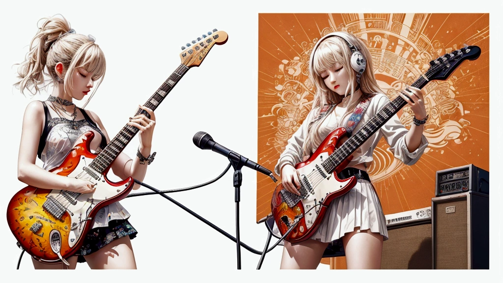 Draw a music festival poster,Playing electric guitar,Musical note elements