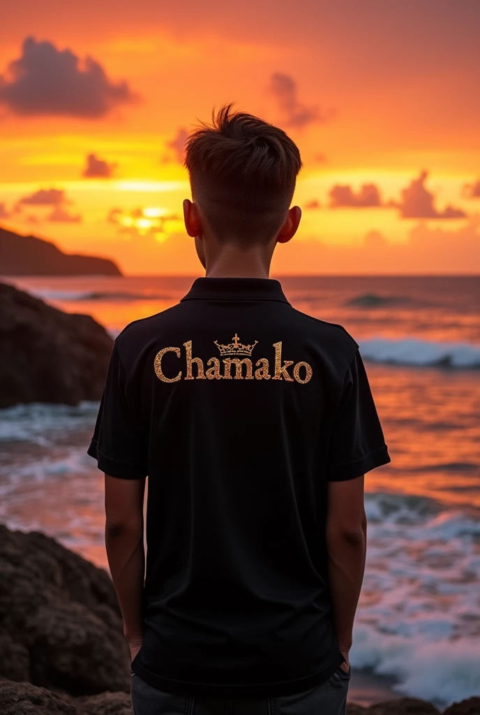 A 17 year old boy, of swords watching a sunset, of a wavy glass, with a black polo shirt, and with a name on the back of the shirt that says Chamako, and below a crown