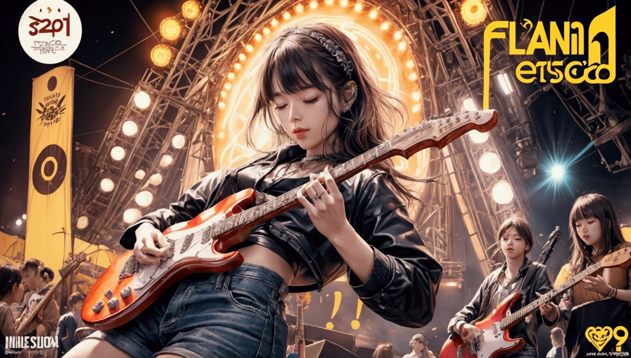 Draw a music festival poster,Playing electric guitar,Musical note elements