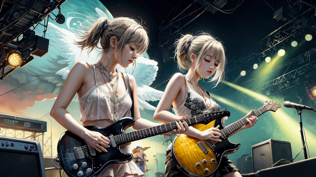 Draw a music festival poster，Playing electric guitar，Musical note elements