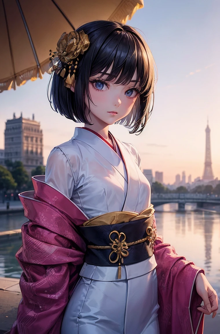 (Top Quality, 16k, Masterpiece: 1.3)), 1 Girl, Sharp Focus: 1.2, Beautiful Women with Perfect Figure: 1.4, Slender Abs: 1.2, (((Short Bob Hair)), ((Small: 1.4)), ((Beautiful Face Idol: 1.3)), (Transparent Fabric Kimono 1.5)), Highly Detailed Face and Skin Texture, Detailed Eyes, Double Eyelids, (((Pause)), (Seductive)), Walking, Paris cityscape, low angle, shot from below
