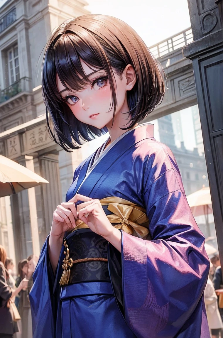 (ultra high resolution, realistic, realistic, best quality, realistic), (high detail skin, visible pores), (real person, photo), (((blue Hanfu, Chinese style))), realistic, simple background , upper body, (8k, raw photo, best quality, masterpiece), (1 girl), photon mapping, radiosity, physically based rendering, auto white balance, (((haunting smile, long hair ))), watery eyes, (blush|cute and playful|moe|skinny|thick bangs|beauty|double ponytail|hair bun,), (looking at the audience), (iris and pupils are round, pupils reflect around , different eye sizes), Chinese street, landscape, morning