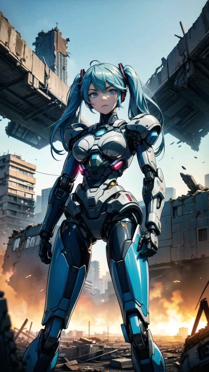 masterpiece、Highest quality、8K Hatsune Miku VOCALOID、Twin tails、Light blue hair、Bright Blue Eyes、Mecha Girl、Big Breasts、Ultimate toned physique、black tights、Highly sophisticated cyborg, Arms folded in front of the destroyed city, Bionic body with futuristic details. (Arms folded in front of the destroyed city、Highly sophisticated cyborg, Bionic body with futuristic details.)
