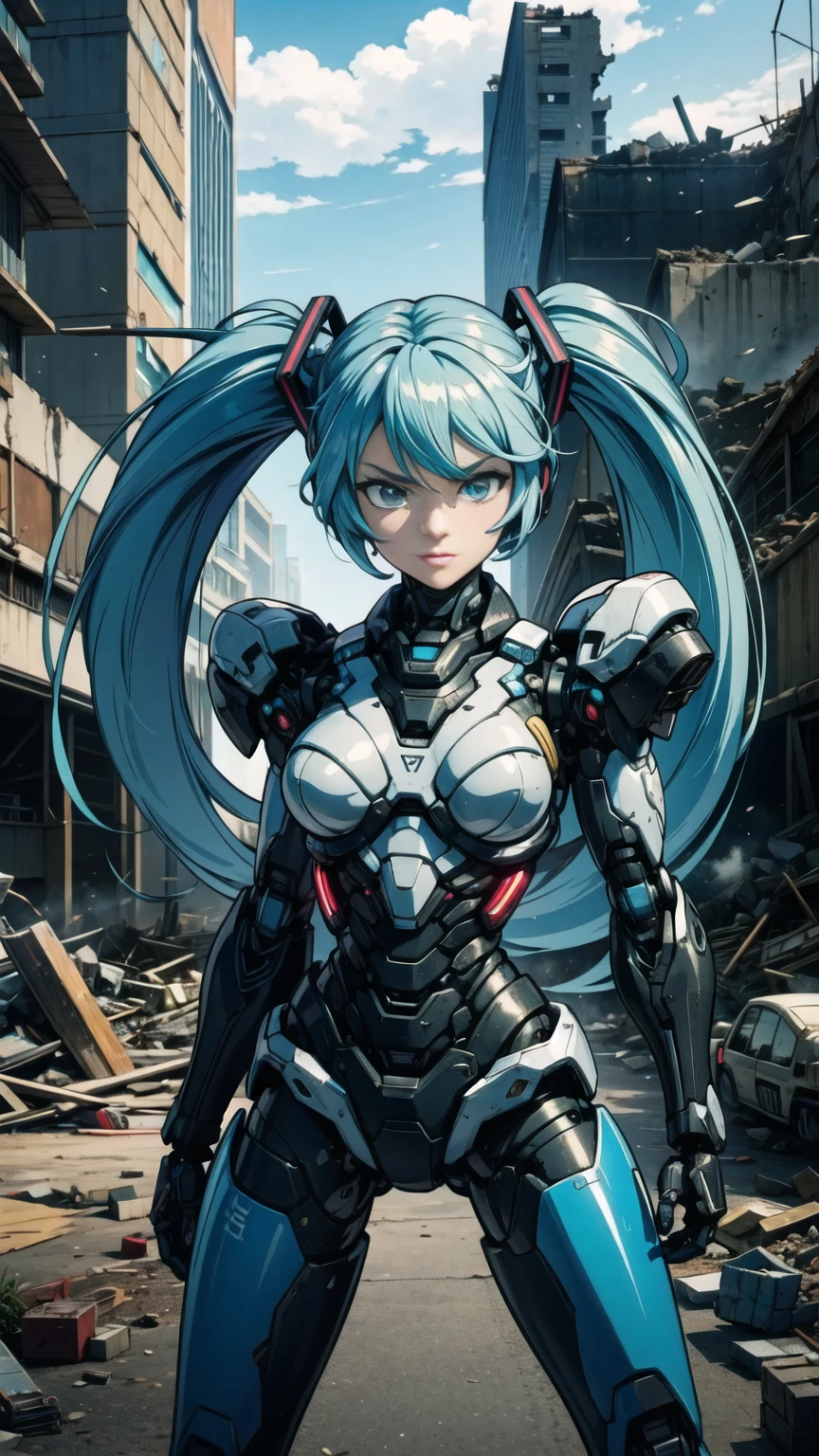 masterpiece、Highest quality、8K Hatsune Miku VOCALOID、Twin tails、Light blue hair、Bright Blue Eyes、Mecha Girl、Big Breasts、Ultimate toned physique、black tights、Highly sophisticated cyborg, Arms folded in front of the destroyed city, Bionic body with futuristic details. (Arms folded in front of the destroyed city、Highly sophisticated cyborg, Bionic body with futuristic details.)