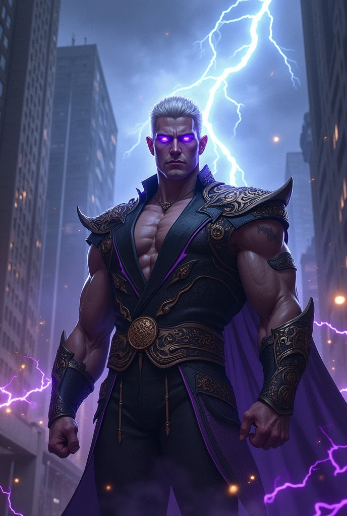 Victor is an adult with an imposing presence. Her hair is white and short, and their eyes reflect an intense purple color that indicates their connection with the power of electricity and magnetism. His muscular physique and elegant attire adorned with ancient runes radiate with an electric energy that accentuates his status as a leader and destroyer..

