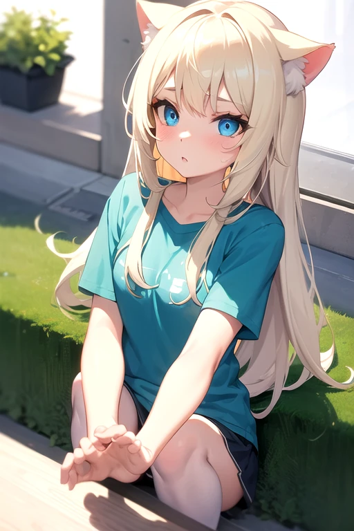 Anime shy girl with long straight blond hair. White cat ears and furry white cat tail. With blue eyes. In white strings. In green and white stripped t shirt