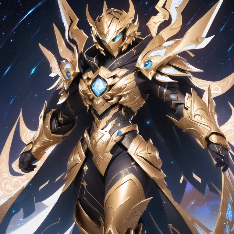 The image presents a highly detailed and futuristic armor designed for a male warrior. The armor combines elements from different parts to create a cohesive and powerful look.

Helmet: The helmet features a sleek, aerodynamic design with a golden metallic finish. It has a central crest that rises upwards, and the visor glows with a bright blue light, giving it a high-tech, futuristic appearance.

Pauldrons (Shoulder Pads): The shoulder pads are large and wing-like, curving outward and upward, with a polished golden finish. These pads extend slightly beyond the shoulders and include a sleek, angular design, providing both a majestic and powerful look.

Chest Plate: The chest plate is intricately segmented, with a combination of gold and dark metallic blue. It has a gem-like crystal in the center that emits a soft, mystical glow. The design of the chest plate is both protective and regal, with sharp, angular lines that add to the overall futuristic aesthetic.

Arm Guards: The arm guards are sleek and streamlined, with articulated golden and purple segments that offer flexibility and protection. The design of the gauntlets is both robust and elegant, incorporating futuristic elements that blend with the classic style.

Leg Armor: The legs are armored with segmented plates that are primarily gold and purple. The boots are angular and sturdy, with a design that conveys both strength and agility. The overall look of the leg armor is grounded yet sleek, completing the ensemble with a powerful stance.

The background of the image is a dark cosmic scene, filled with distant stars and nebulae that highlight the polished surfaces of the armor. Dynamic lighting is used to emphasize the key features, particularly the glowing visor and central chest gem, reinforcing the mystical and imposing nature of the warrior.