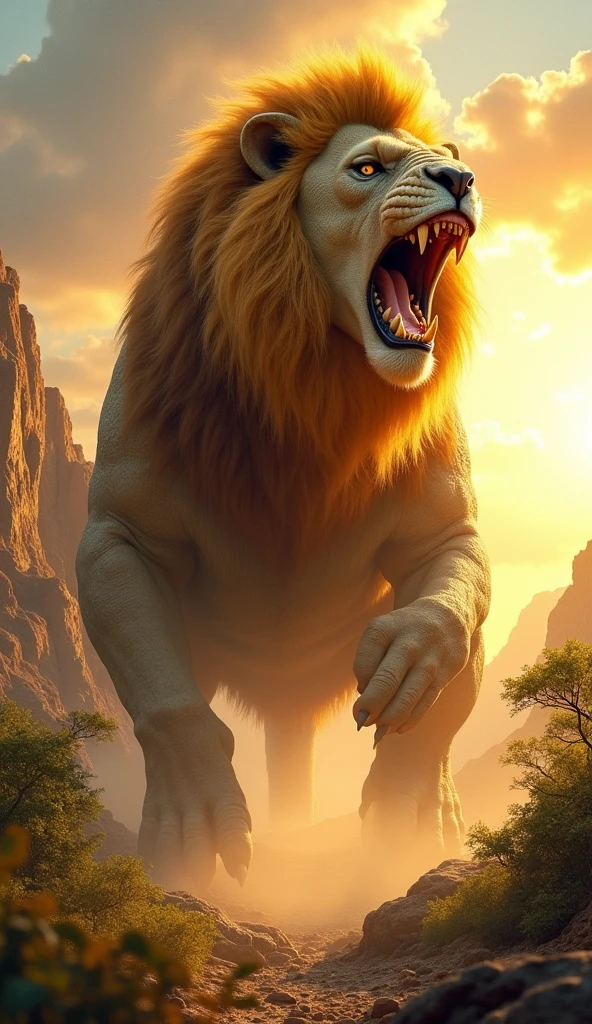 Lion and dinasor hybrid production result, body shape dinasor,skin type lion, roaring,big teethe,face like dianasor