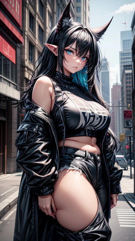 woman with a piercing gaze and bold makeup. She's wearing a leather jacket with a crop top, and her long hair is styled in a sleek updo.