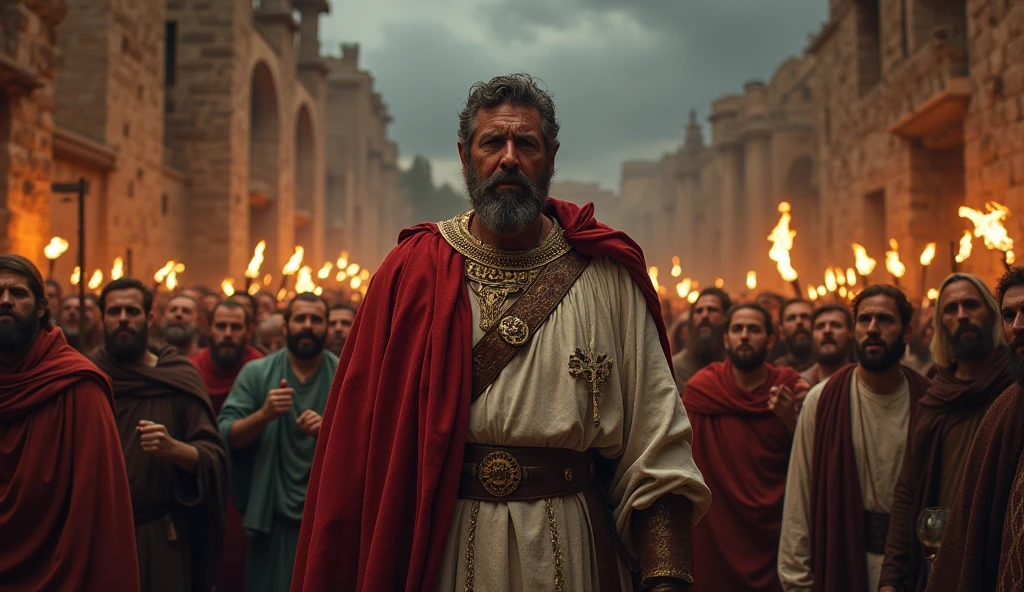 A scene of judgment with Pilate looking at the crowd, a group of religious leaders and the people clamoring for justice. The composition is chaotic, reflecting the tension of the moment.
