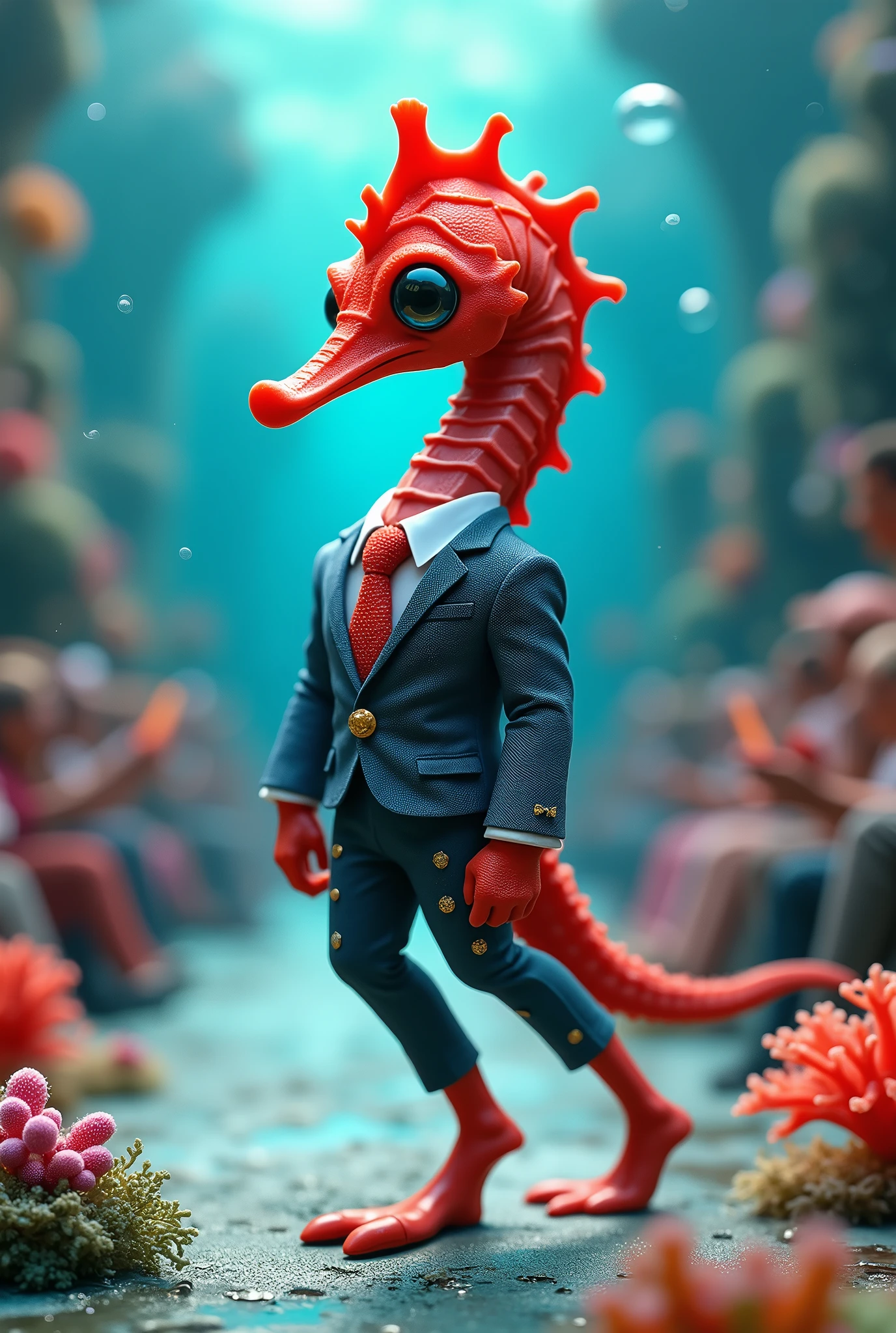  Red sea horse with funny giant head wearing muscular business suit in realistic full body fashion show