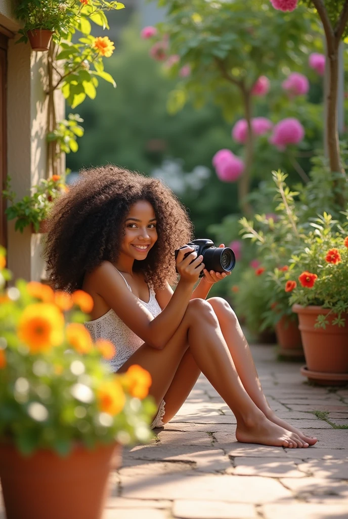 A brunette girl with curly hair and big breasts sits with her legs stretched out, taking a realistic photo