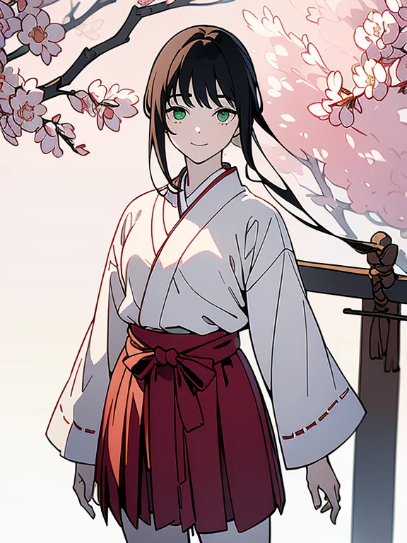 ((((masterpiece, Best Quality, Ultra-high resolution、Best illustrations))))、((Portrait of a person standing against a white background))、anime、A highly concentrated individual、(Very delicate and cute face)、(Sparkling Eyes)、A beautiful 18-year-old shrine maiden girl stands alone、smile、Red cheeks、Medium length black hair、Clean green eyes、Long red hakama、Knee-high boots、He is wearing a wooden sword at his waist.、Standing with eyes looking straight ahead.、A point of view from the same height as the head、((Perfect hands))、