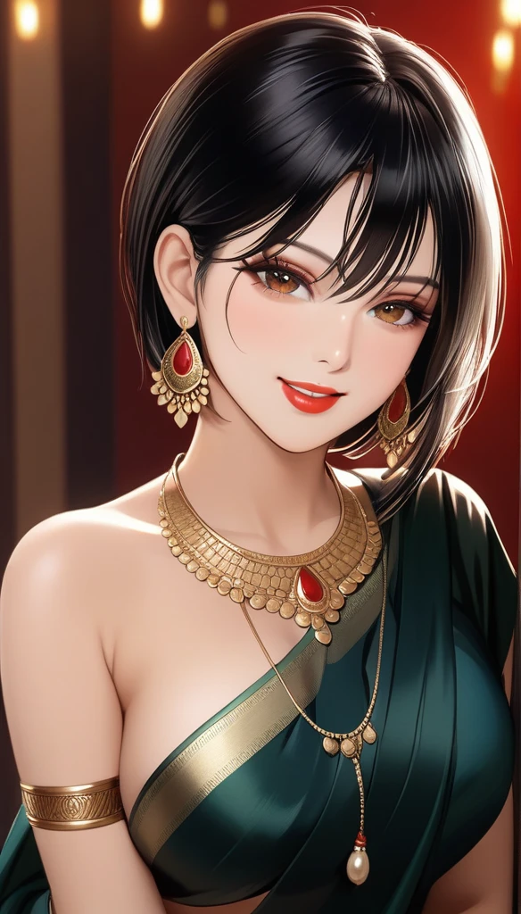 a beautiful mature indian woman, detailed intricate long jhumka earrings, smooth lips, red lipstick, smiling,mini red dress, small cleavage, hand gloves, makeup, detailed alluring eyes, bangles, blue ribbon, saggy breasts, photorealistic, (best quality,4k,8k,highres,masterpiece:1.2),ultra-detailed,(realistic,photorealistic,photo-realistic:1.37),cinematic lighting,vibrant colors,intricate details,messy short hair,bare legs