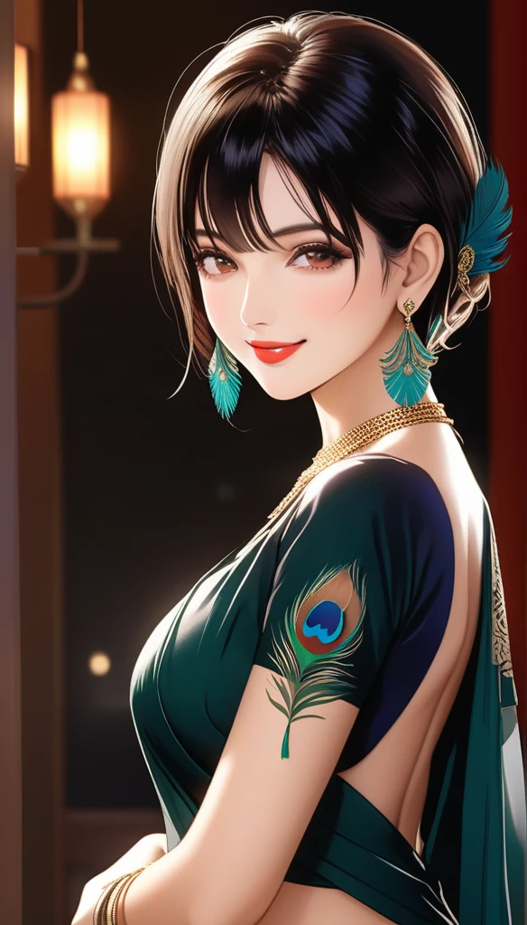 A beautiful mature woman bending down downside in a plain silk black Arabic saree, exposing her ,intricate feather earrings, detailed alluring eyes, smooth lips, smiling, red lipstick, exposed navel, bangles, saggy breasts, photorealistic, 8k, high quality, masterpiece, cinematic lighting, vibrant colors, intricate details, short messy hair, tattoo on neck