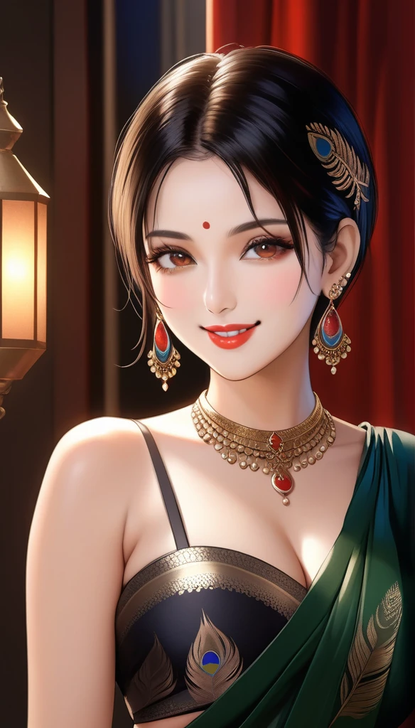 A beautiful mature woman bending down, intricate peacock feather earrings, detailed alluring eyes, smooth lips, smiling, red lipstick, exposed navel, bangles, saggy breasts, photorealistic, 8k, high quality, masterpiece, cinematic lighting, vibrant colors, intricate details, short hair, tattoo on neck, plain silk black traditional saree