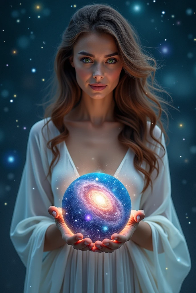 A woman in a white short dress, holding the galaxy in her hands, brown hair, green eyes
