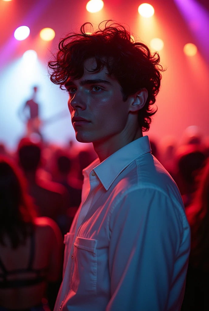 Create a realistic photo with the face of actor Evan Peters, with black hair, White clothes, being a spectator at a concert