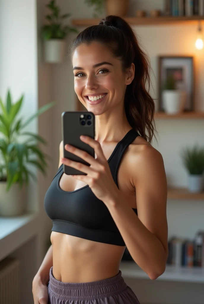  A brunette woman, slim, medium and wavy hair: photo in the mirror with the cell phone showing the gym look (look composto) with a middle class room in the background, the cell phone is an iphone 15, hair tied in a ponytail, hand on waist and smiling 