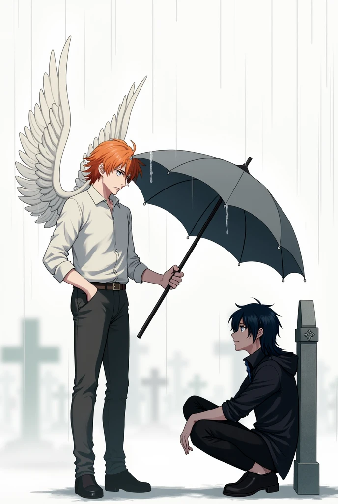 A guy with long black hair, gray eyes, Beautiful face, beautiful body, He sits leaning against a tombstone, It's raining, sad, a guy with orange hair and blue eyes next to him, Beautiful face, beautiful body, Angel wings, protects from rain with its wing, anime art, realistically, super detail, masterpiece