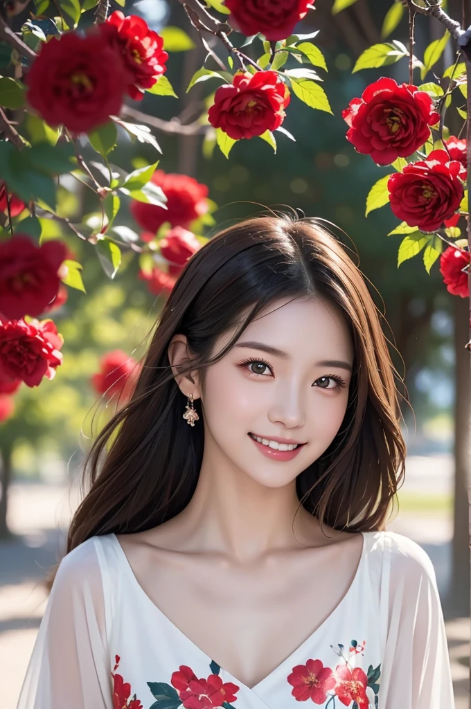 Image resolution 8K、Representative works:1.3)、Beauty、1 female、(魅力的なbody:1)、abdomen:1.1、Dark Brown Hair:1.1、(body:1)、Super detailed facial features、Attractive lips、double eyelid、Wearing a fashionable and stylish V-neck garment、Super realistic and super cute details、Japanese women、10th generation(18-year-old)、Adorable smile with a smile、Hair blowing in the wind、color々Hair style、Portrait in the studio、There is snow on the red flowers in the park and on the branches of the camellia trees.、Nice pose、