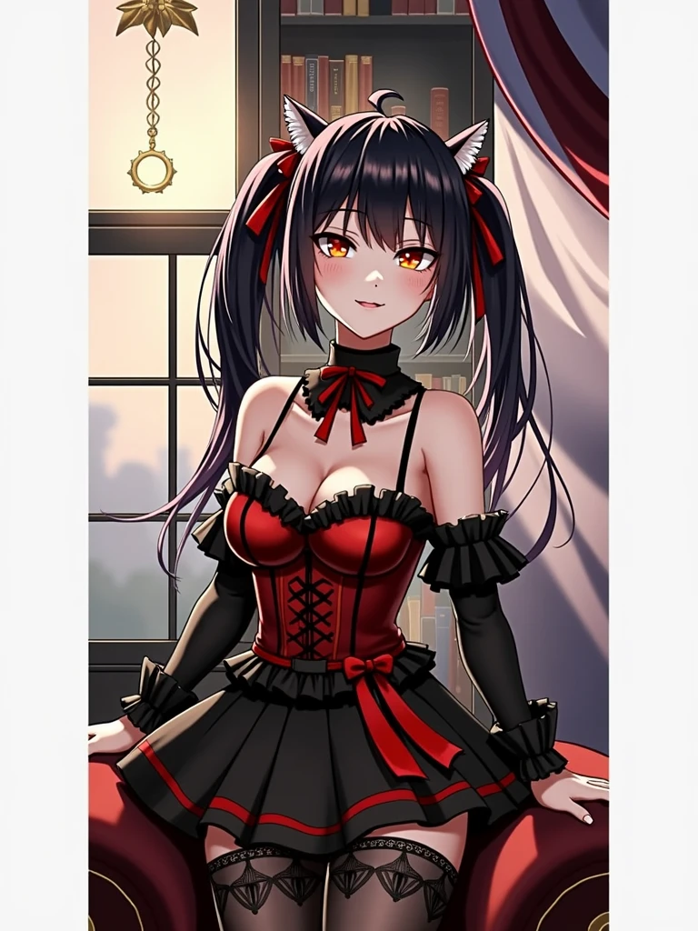 ((best quality)), ((masterpiece)), (detailed), ((highres)), In lavish manor library,  extremely long black hair. Fluffy black cat ears. Long black cat tail on butt, 1catgirl, 20 year old, slim body, controlling, dominant pose, snickering, naked. Heterochromatic eyes, one red eye, one gold eye. No shoes, black fishnets, nude, no clothes, anime, short, provocative 
