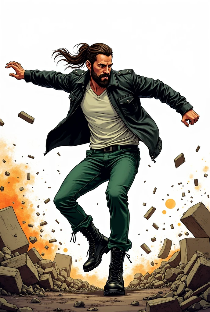 Create a comic book style drawing, bright coloured, high qualiy, a 35-year-old white man, 90 kilos, medium size, long dark brown hair tied in a ponytail, barba, black leather jacket, white undershirt, green jeans, Black boots, Apocalypse theme, drawing with perspective, Action scene, white background, fully body 