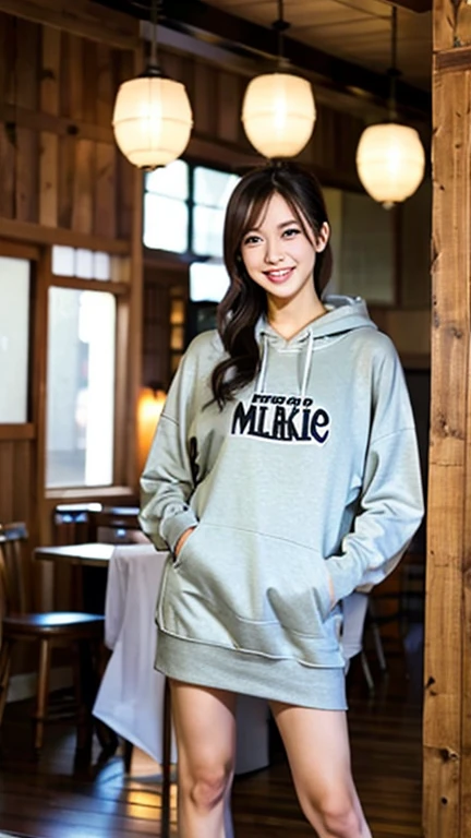 A Japanese , photo of one girl, Slender figure, Realistic teeth, wearing oversized hoodie, smile, full-body, masterpiece, best quality, detailed, beauty, Pub, indoor,