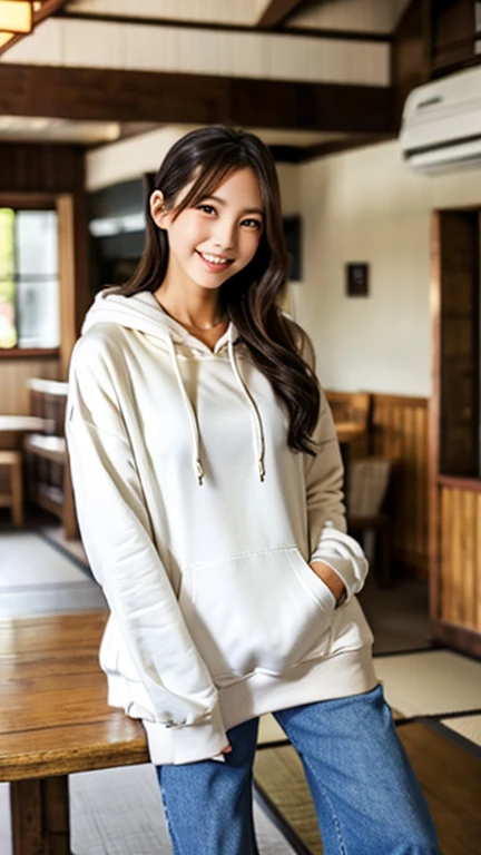A Japanese milf, photo of one girl, Slender figure, Realistic teeth, wearing oversized hoodie, smile, full-body, masterpiece, best quality, detailed, beauty, Pub, indoor,