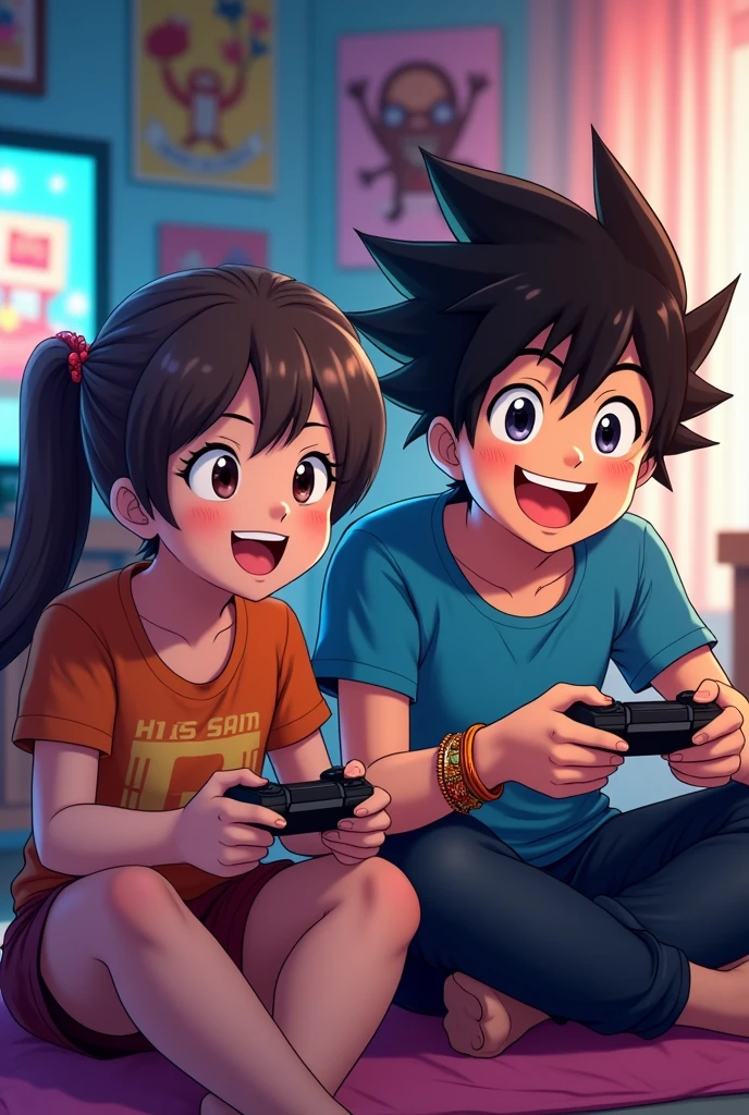 Brother and Sister are celebrating Rakshabandhan by playing video games . They both have controller in their hand and they are enjoying to the fullest . Show the rakhi worn by the brother at his wrist .  Show the anime version of it 
