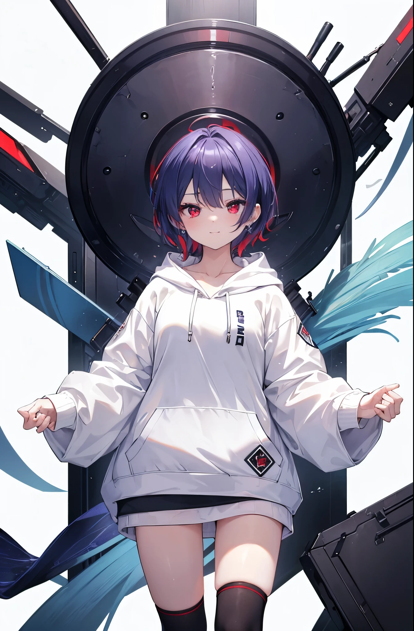 {{masterpiece}}, The best quality of life, 超High resolution, Attention to detail, high quality, High resolution, 最high quality, 4K, 8k,Attention to detail((short indigo hair、Deep blue short hair)Braided Hair) 、 Cute female, 、One woman、(((Crimson Eyes、Red eyes、Red　eyes、Beautiful attention to detail,A woman with beautiful eyes)))、Woman looking at camera with hands behind her back、Expressionless adult woman、((White background))、small but well-shaped breasts,、(((White shaggy hoodie、Black knee-high socks)))、standing smiling、Cute Smile、Small earrings