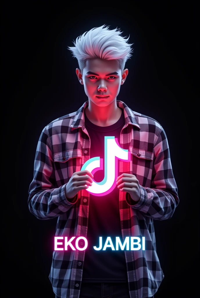 logo 3D, a handsome 17-year-old youth,With white hair, wearing a checkered shirt and t-shirt, holding a glowing TikTok logo, underneath is the text “EKO JAMBI” Indonesian text with perfect spelling, hyperrealistic, black background