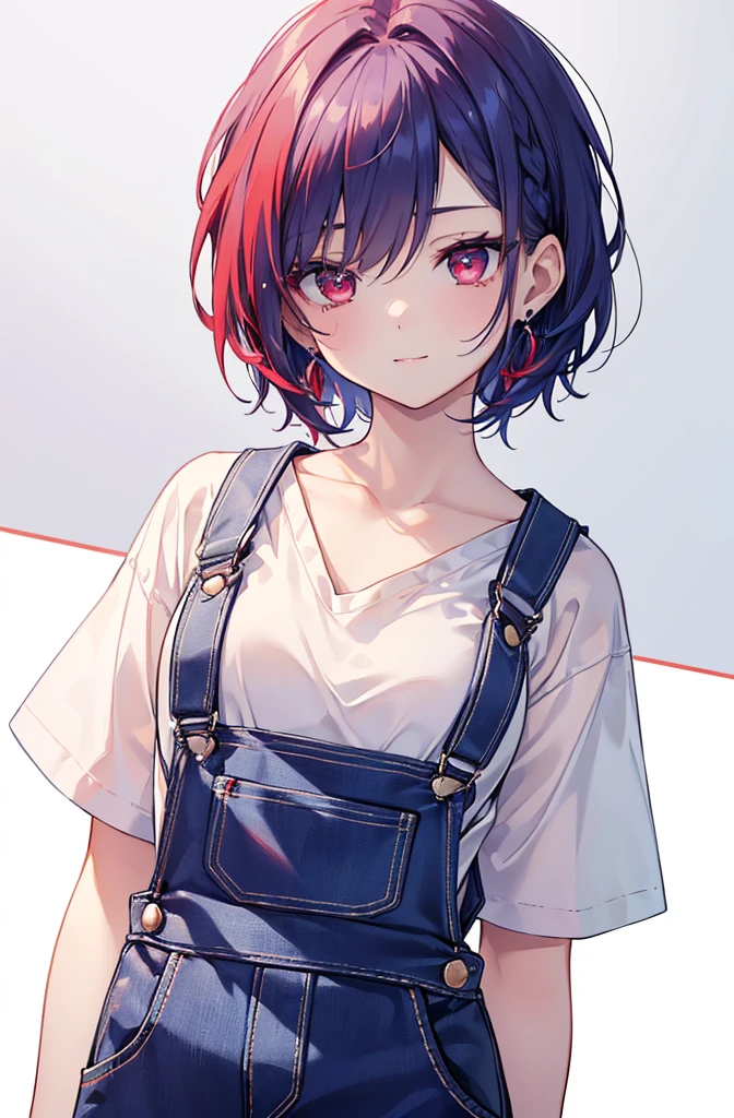 {{masterpiece}}, The best quality of life, 超High resolution, Attention to detail, high quality, High resolution, 最high quality, 4K, 8k,Attention to detail((short indigo hair、Deep blue short hair)Braided Hair) 、 Cute female, 、One woman、(((Crimson Eyes、Red eyes、Red　eyes、Beautiful attention to detail,A woman with beautiful eyes)))、Woman looking at camera with hands behind her back、Expressionless adult woman、((White background))、small but well-shaped breasts,、(((White T-shirt、overalls)))、standing smiling、Cute Smile、Small earrings