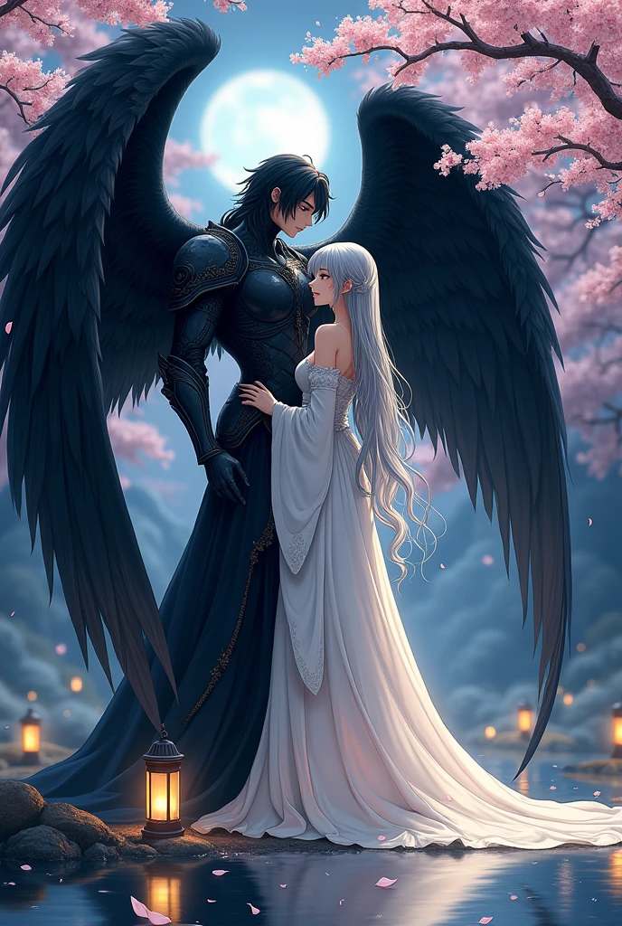 Black angel defending a beautiful woman in white, anime style 